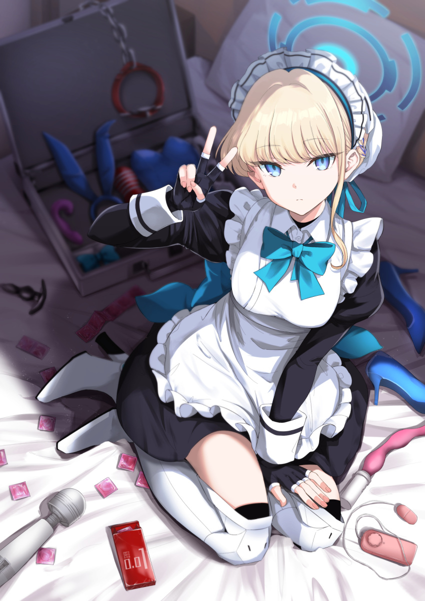 1girl amagasa_ikuta animal_ears apron bare_shoulders black_dress black_gloves blonde_hair blue_archive blue_eyes blue_leotard blue_ribbon blush boots bow bowtie braid breasts briefcase bun_cover chest_harness condom condom_box condom_packet_strip condom_wrapper dildo dress earpiece egg_vibrator elbow_gloves fake_animal_ears fingerless_gloves french_braid gloves hair_bun hair_ribbon hairband halo harness high_heels highres hitachi_magic_wand leotard looking_at_viewer maid_headdress medium_breasts pouch rabbit_ears ribbon sex_toy short_dress short_hair single_hair_bun sleeveless sleeveless_dress solo thigh_boots thighs toki_(blue_archive) v vibrator white_apron white_footwear