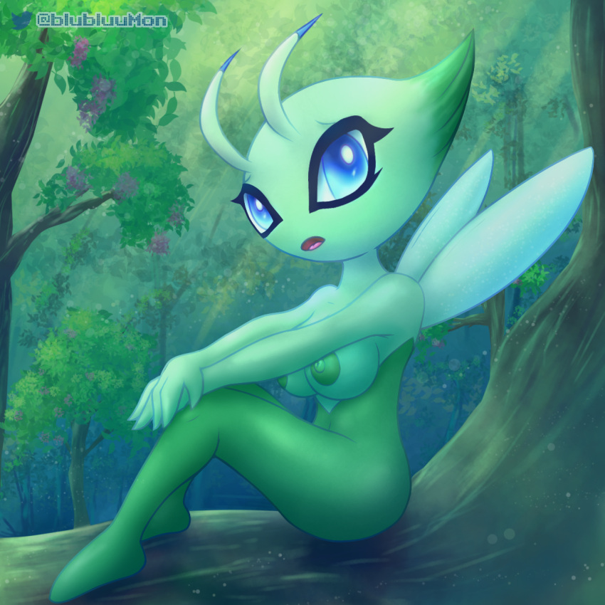 anthro blubluumon blue_eyes breasts butt celebi female forest forest_background generation_2_pokemon green_body hi_res legendary_pokemon nature nature_background nintendo nipples open_mouth plant pokemon pokemon_(species) sitting solo tongue tree wings