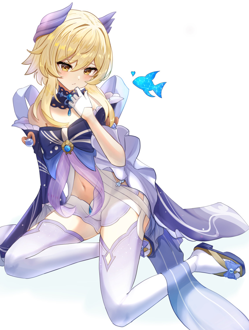 1girl bare_shoulders blonde_hair blue_bow blush bow commentary_request cosplay dress genshin_impact highres long_hair lumine_(genshin_impact) navel off-shoulder_dress off_shoulder sandals sangonomiya_kokomi sangonomiya_kokomi_(cosplay) shuvalun8 sidelocks simple_background solo stomach thighhighs white_background white_thighhighs yellow_eyes