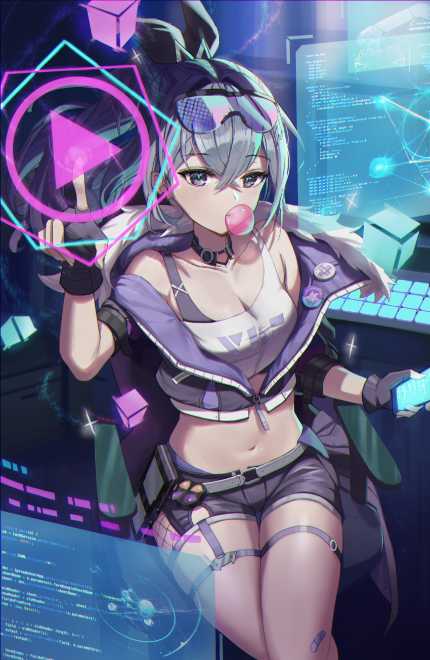 1girl absurdres bare_shoulders black_gloves black_shorts bra_strap bubble_blowing commentary crop_top eyewear_on_head fingerless_gloves gloves grey_eyes grey_hair gulby highres honkai:_star_rail honkai_(series) indoors long_hair looking_at_viewer midriff navel off_shoulder shirt short_shorts shorts silver_wolf_(honkai:_star_rail) single-shoulder_shirt sitting solo stomach sunglasses thigh_strap thighs white_shirt
