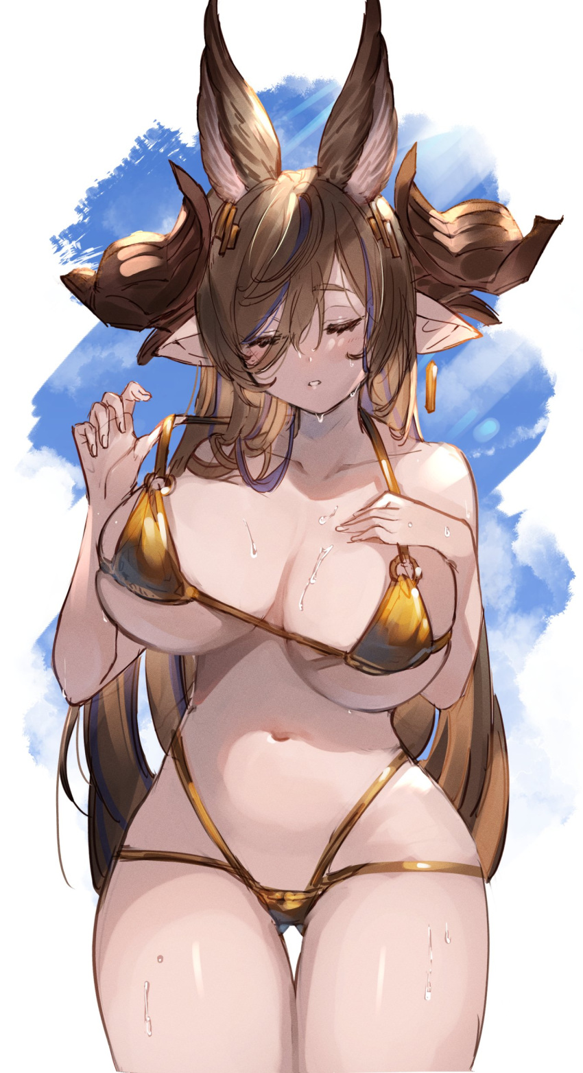 1girl absurdres animal_ears ayacho bikini breasts brown_horns cleavage collarbone extra_ears galleon_(granblue_fantasy) gold_bikini granblue_fantasy highleg highleg_bikini highres horns large_breasts looking_at_viewer micro_bikini navel pointy_ears satin_bikini shiny_clothes shiny_swimsuit skindentation stomach string_bikini swimsuit