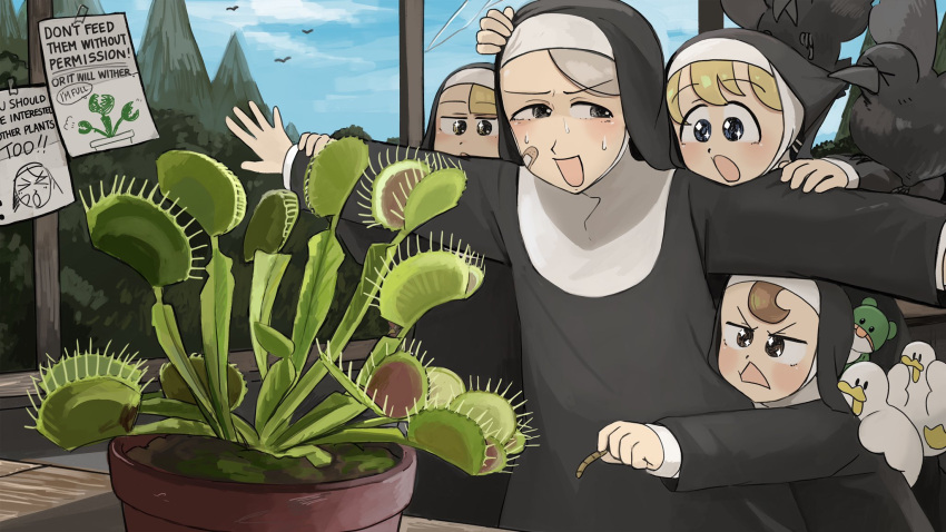 4girls :d :o bandaid bandaid_on_face bird blonde_hair blue_eyes brown_eyes brown_hair carnivorous_plant catholic chicken clumsy_nun_(diva) crow diva_(hyxpk) duck english_commentary froggy_nun_(diva) grey_hair habit highres leaf_nun_(diva) little_nuns_(diva) multiple_girls nun plant potted_plant smile spicy_nun_(diva) traditional_nun triangle_mouth venus_flytrap yellow_eyes