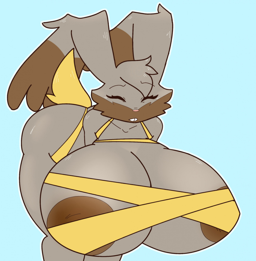 anthro areola areola_slip bent_over big_breasts big_ears bikini blue_background breasts brown_areola brown_body brown_fur buckteeth cheek_tuft clothing cotton_tail diggersby dipstick_ears eyelashes eyes_closed facial_tuft female floppy_ears fur generation_6_pokemon grey_body grey_fur head_tuft hi_res huge_breasts lop_ears multicolored_ears nintendo pokemon pokemon_(species) simple_background solo squuishyboi swimwear teeth thick_thighs tuft wide_hips yellow_bikini yellow_body yellow_clothing yellow_fur yellow_swimwear