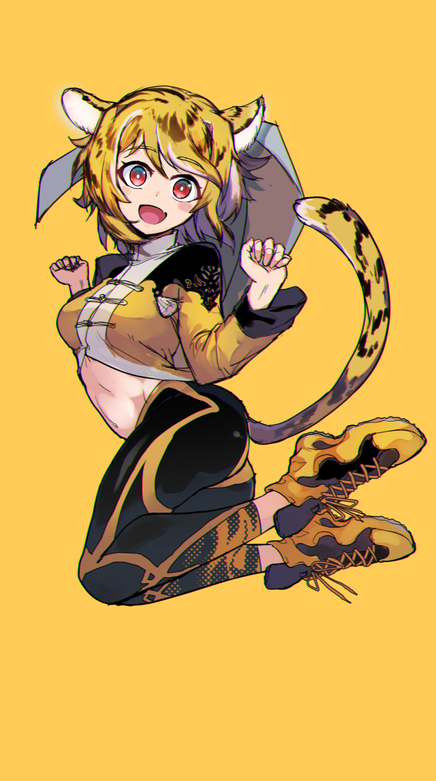 1girl :d animal_ears black_hair blonde_hair commentary_request cross-laced_footwear full_body highres leggings looking_at_viewer midriff multicolored_hair navel original red_eyes ryuu_tou shoes short_hair smile sneakers solo streaked_hair tail tiger_ears tiger_girl tiger_tail two-tone_hair yellow_background