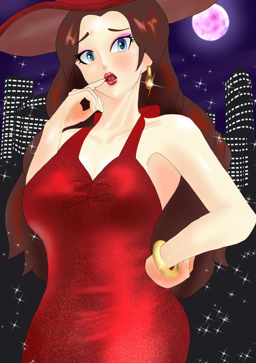 1girl absurdres bare_arms bare_shoulders blue_eyes breasts brown_hair cityscape cleavage collarbone dangle_earrings donkey_kong_(series) dress earrings eyeshadow fedora gold_earrings halter_dress halterneck hat highres jewelry large_breasts long_hair makeup mario_(series) moon night night_sky parted_lips pauline_(mario) purple_eyeshadow raised_eyebrows red_dress red_headwear red_lips scaf7487 sky sleeveless sleeveless_dress solo super_mario_odyssey