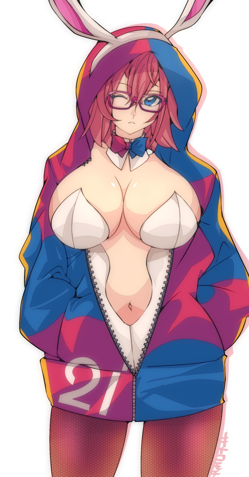 1girl absurdres android_21 breasts checkered_clothes cosplay dragon_ball dragon_ball_(classic) highres hood hoodie kinakomochi_(user_vedc2333) looking_at_viewer playboy_bunny solo white_background