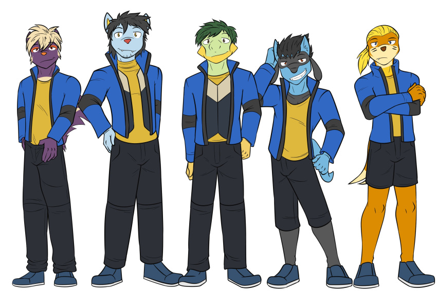 3:2 anthro anthrofied bottomwear buizel clothed clothing crossed_arms footwear fully_clothed fuze generation_4_pokemon grotle group hi_res luxio male nintendo pants pokemon pokemon_(species) pokemorph riolu shoes shorts simple_background stunky thumb_in_waistband white_background
