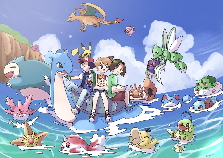 1girl 2boys absurdres animal_on_head ash_ketchum black_hair blue_eyes blue_footwear blue_jacket blue_shorts blue_sky brown_eyes brown_hair bulbasaur charizard closed_eyes closed_mouth cloud corsola eyelashes fang fingerless_gloves flame-tipped_tail gloves goldeen green_background green_eyes green_gloves green_shirt gs_ball highres holding holding_pencil holding_poke_ball holding_pokemon holding_sketchbook horns innertube jacket jigglypuff kingler lapras marill misty_(pokemon) mocha_fushigi multiple_boys no_nose on_head open_mouth orange_hair pencil pikachu poke_ball pokemon pokemon_(anime) pokemon_(classic_anime) pokemon_(creature) politoed psyduck red_footwear red_headwear red_scarf red_shorts riding scarf shirt short_hair shorts side_ponytail single_horn sketchbook sky snorlax squirtle staryu suspenders togepi tracey_sketchit venonat yellow_shirt