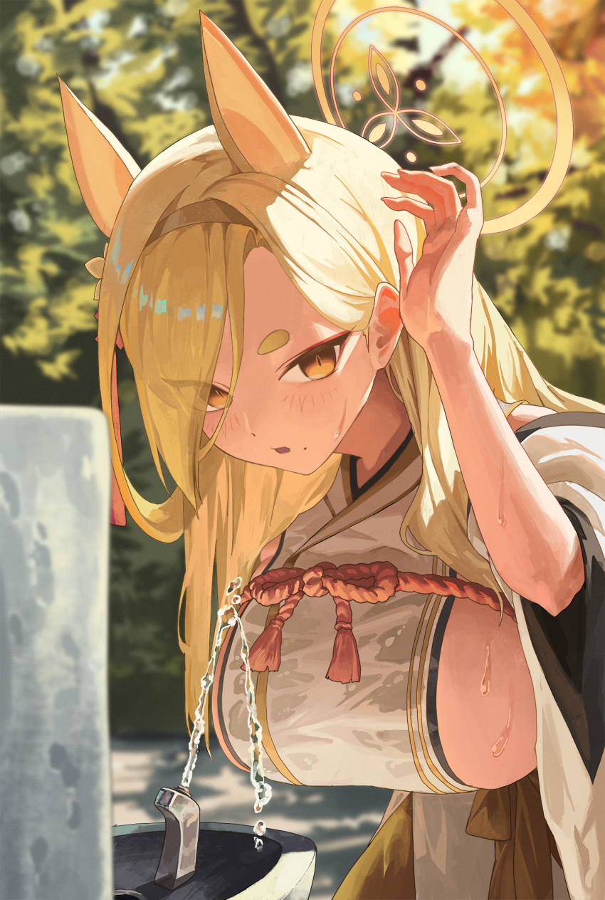 1girl animal_ears bent_over blonde_hair blue_archive blurry blurry_background blush breasts depth_of_field detached_sleeves drinking_fountain fox_ears hair_over_one_eye hairband halo highres japanese_clothes kaho_(blue_archive) kimono large_breasts long_hair looking_at_viewer m.q_(mqkyrie) mole mole_under_mouth motion_blur orange_halo outdoors short_eyebrows sideboob sleeveless sleeveless_kimono solo sweat thick_eyebrows tree wet white_kimono wide_sleeves yellow_hairband yellow_halo