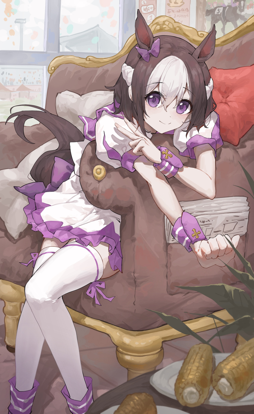 1girl absurdres animal_ears bow braid brown_hair corn couch ear_bow feet_out_of_frame highres horse_ears horse_girl horse_tail looking_at_viewer multicolored_hair on_couch pillow purple_eyes sentter short_hair short_sleeves sitting skirt smile special_week_(umamusume) tail thighhighs umamusume white_hair wrist_cuffs