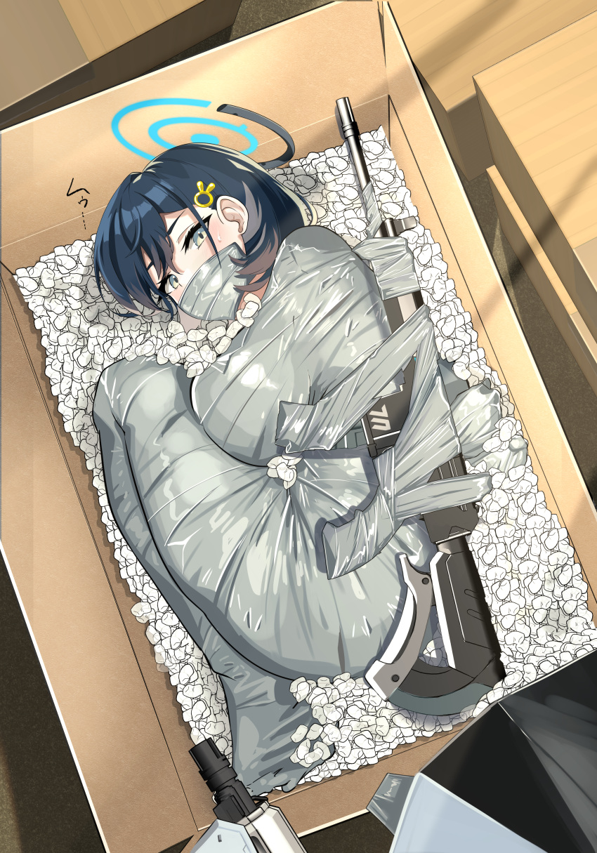 1girl absurdres arms_behind_back bdsm black_hair blue_archive bondage bound box breasts chihiro_(blue_archive) gag green_eyes hair_between_eyes hair_ornament halo highres improvised_gag in_box in_container large_breasts looking_at_viewer mummification_(bound) rabbit_hair_ornament restrained seirein_(seireinnnn) short_hair solo tape tape_gag
