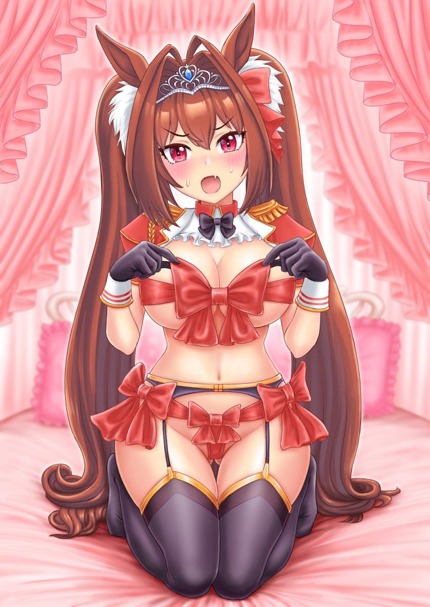 1girl alternate_costume animal_ears aonuma_kiyoharu bed blush breasts brown_hair cleavage commentary daiwa_scarlet_(umamusume) fang gloves highres horse_ears horse_tail large_breasts long_hair looking_at_viewer naked_ribbon navel pillow red_eyes ribbon seiza sitting solo sweat tail thighhighs tiara twintails umamusume