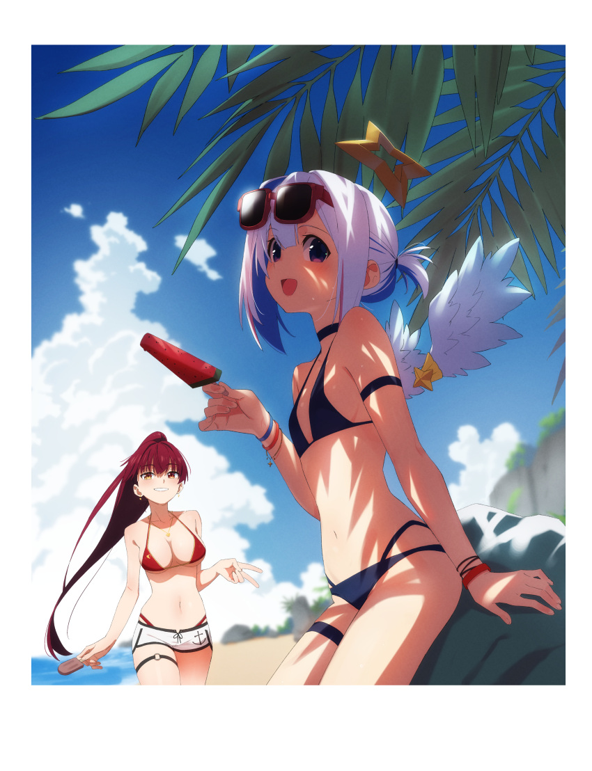 2girls absurdres against_rock amane_kanata angel_wings arm_strap asymmetrical_bangs asymmetrical_hair beach bikini black_bikini black_straps blue_hair border bracelet breasts cloud colored_inner_hair detached_wings earrings eyewear_on_head feathered_wings food fruit grey_hair gulim halo heterochromia highleg highleg_bikini highres holding holding_food holding_ice_cream hololive houshou_marine ice_cream_bar jewelry large_breasts leaf leaning_on_object long_hair looking_at_viewer multicolored_hair multiple_bracelets multiple_girls navel necklace o-ring o-ring_thigh_strap pink_hair ponytail purple_eyes red-framed_eyewear red_bikini red_eyes short_hair short_shorts shorts single_hair_intake sky small_breasts star_halo streaked_hair sunglasses swimsuit thigh_strap tree_shade v virtual_youtuber watermelon watermelon_slice white_border white_shorts white_wings wings yellow_eyes