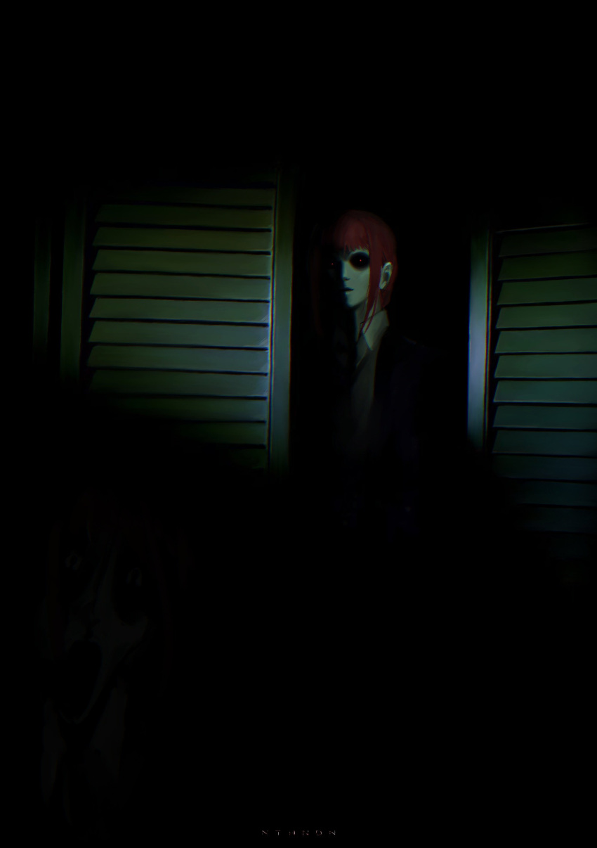 1girl absurdres black_jacket chainsaw_man closet collared_shirt darkness dot_pupils facing_viewer highres horror_(theme) jacket makima_(chainsaw_man) medium_hair nthndn red_eyes red_hair shirt solo suit suit_jacket white_shirt