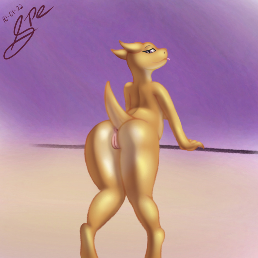 2023 anthro anus blep breasts butt dated digital_drawing_(artwork) digital_media_(artwork) digitigrade english_text female genitals hi_res kobold non-mammal_breasts nude orange_body pink_anus pink_pussy pinup plump_labia pose presenting presenting_hindquarters presenting_pussy pussy raised_tail rear_view scalie shaded short_tail signature soft_shading solo spe tail tapering_tail text thick_tail thick_thighs tongue tongue_out