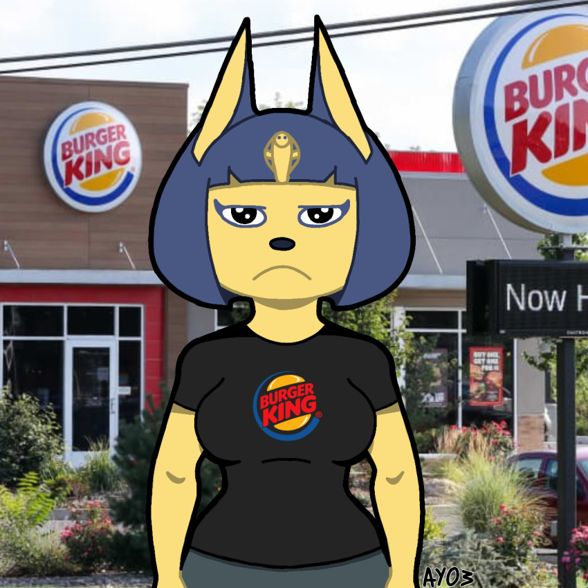 1:1 animal_crossing ankha_(animal_crossing) anthro ay03 blue_hair breasts burger_king clothed clothing disappointed domestic_cat fast_food felid feline felis female food hair hi_res logo_on_shirt makeup mammal nintendo restaurant shaded simple_shading solo yellow_body