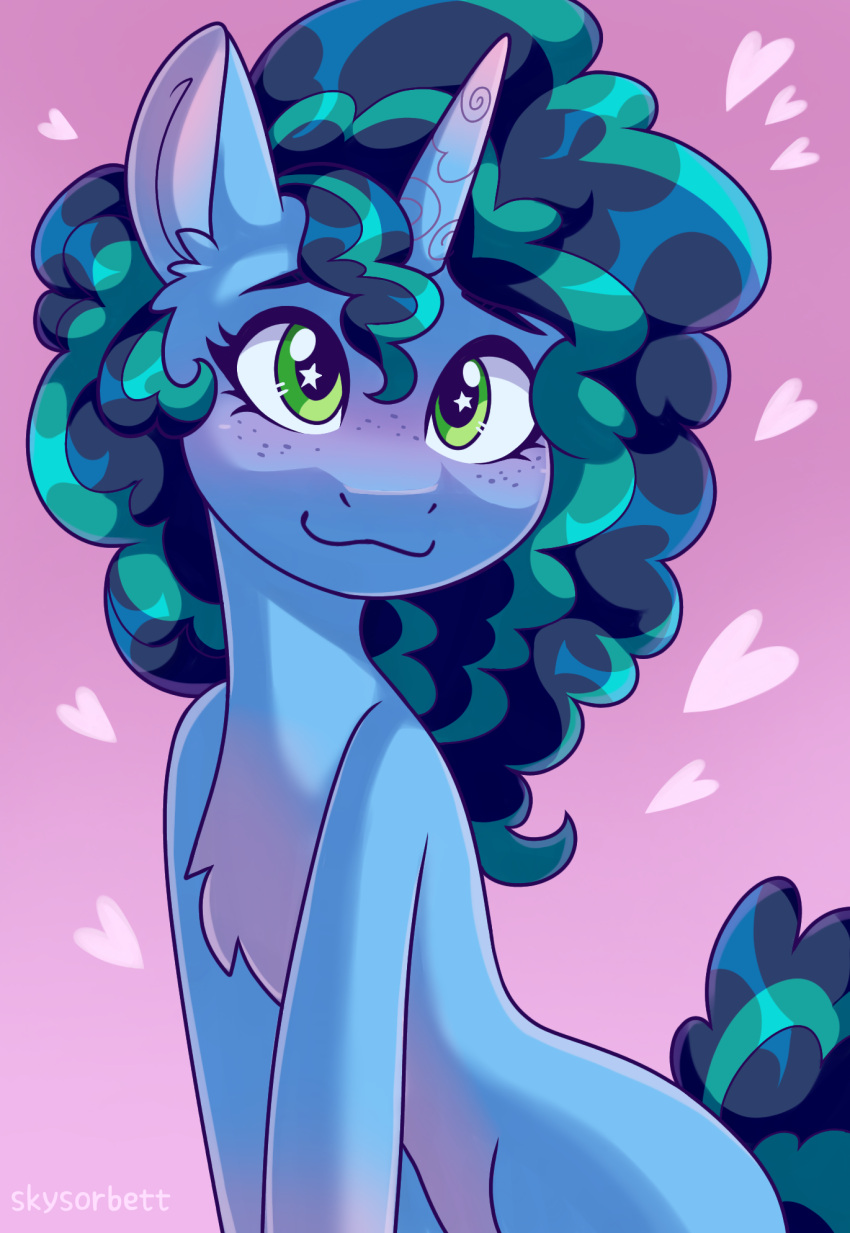 &lt;3 2022 :3 afro blue_body blue_fur blue_hair blue_mane blue_tail blush chest_tuft digital_media_(artwork) equid equine eyelashes female feral freckles fur green_eyes hair hasbro hi_res horn inner_ear_fluff mammal mane misty_(g5) mlp_g5 multicolored_hair multicolored_mane my_little_pony pink_background signature simple_background skysorbett smile tail tuft two_tone_hair two_tone_mane two_tone_tail unicorn unicorn_horn