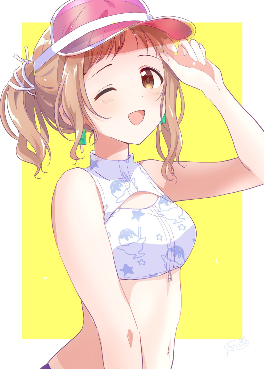 1girl bare_shoulders bikini blush bow breasts brown_eyes brown_hair dot_nose earrings food grid_background hair_bow hand_on_own_face highres idolmaster idolmaster_shiny_colors jewelry long_hair looking_at_viewer medium_breasts navel one_eye_closed open_mouth ponytail popsicle potesara888 print_bikini sakuragi_mano shaved_ice simple_background smile solo swimsuit upper_body visor_cap white_bikini white_bow yellow_background zipper_bikini