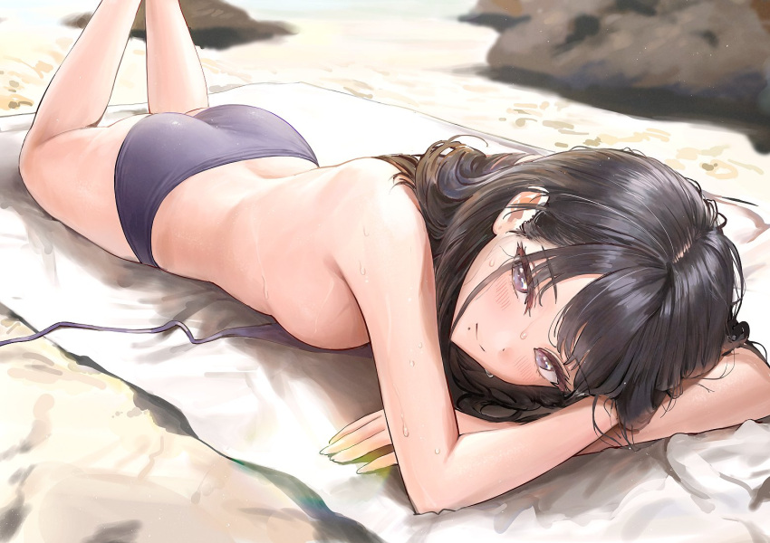 1girl ame_(uten_cancel) arm_rest ass bikini black_bikini black_hair blush breasts commentary crossed_arms feet_out_of_frame feet_up head_rest idolmaster idolmaster_shiny_colors kazano_hiori looking_at_viewer lying mat medium_breasts mole mole_under_mouth on_stomach outdoors sideboob smile solo sweatdrop swimsuit symbol-only_commentary the_pose untied_bikini