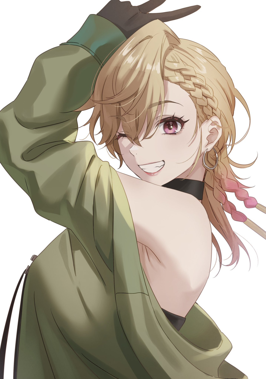 1girl arm_up bare_shoulders black_choker black_gloves blonde_hair choker commentary_request earrings emp_(path_to_nowhere) emu_(emum) gloves green_jacket grin highres jacket jewelry long_sleeves looking_at_viewer off_shoulder one_eye_closed path_to_nowhere purple_eyes smile solo upper_body