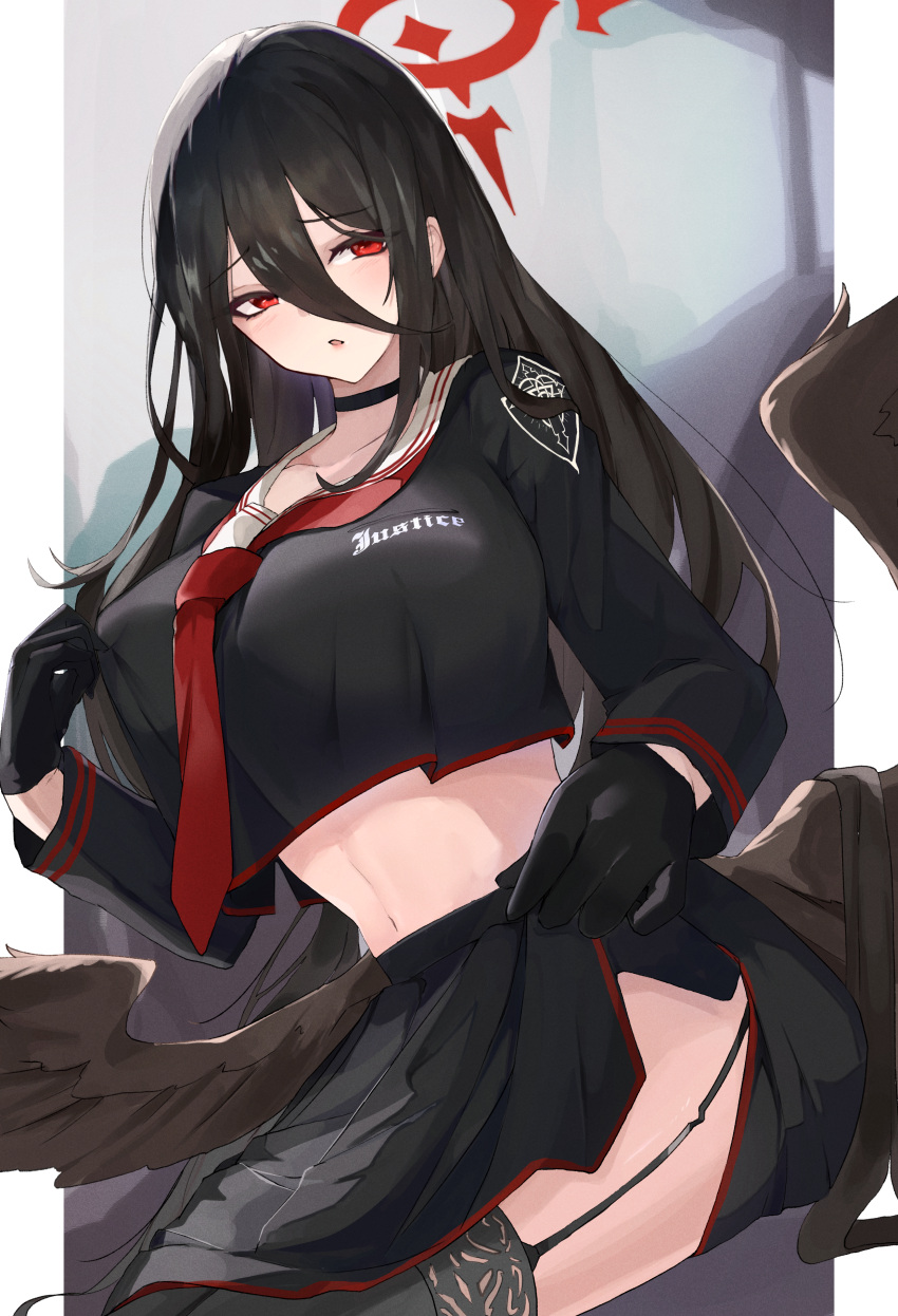 1girl absurdres black_gloves black_hair black_serafuku black_shirt black_skirt black_thighhighs black_wings blue_archive blush breasts chankuro choker crop_top crop_top_overhang feathered_wings garter_belt garter_straps gloves hair_between_eyes half_gloves halo hasumi_(blue_archive) highres large_breasts long_hair long_skirt long_sleeves looking_at_viewer low_wings mole mole_under_eye neckerchief open_mouth pleated_skirt red_eyes red_neckerchief sailor_collar school_uniform serafuku shirt side_slit skirt solo thighhighs thighs very_long_hair white_sailor_collar wings