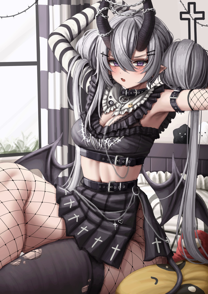 1girl absurdres armpits arms_up bed belt black_belt black_shirt black_skirt breasts chain cleavage crewmate_(among_us) crop_top cross curtains demon_girl demon_horns demon_wings ear_piercing fishnet_pantyhose fishnets grey_hair highres horns indoors lobsteranian long_hair looking_at_viewer low_wings medium_breasts mole mole_under_eye open_mouth original pantyhose piercing pleated_skirt pointy_ears purple_eyes shirt single_thighhigh sitting skirt solo thighhighs twintails window wings
