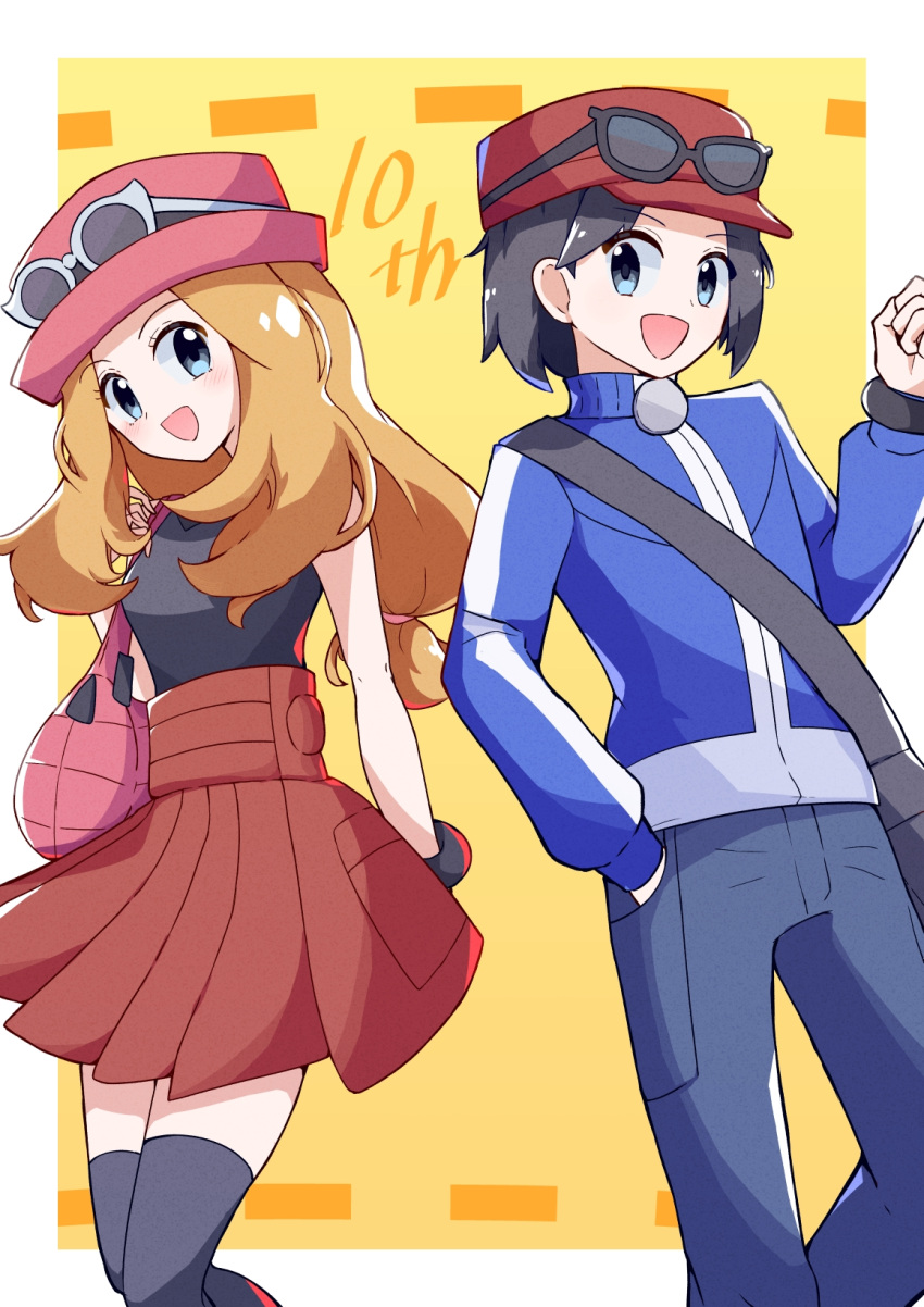 1boy 1girl :d bag black_shirt black_thighhighs blue_jacket blush bracelet calem_(pokemon) commentary_request eyelashes grey_eyes hand_in_pocket hand_up handbag hat highres jacket jewelry long_hair open_mouth pants pink_bag pink_headwear pleated_skirt pokemon pokemon_(game) pokemon_xy ponsuke_(nemui_tebasaki) red_headwear red_skirt serena_(pokemon) shirt skirt sleeveless sleeveless_shirt smile thighhighs