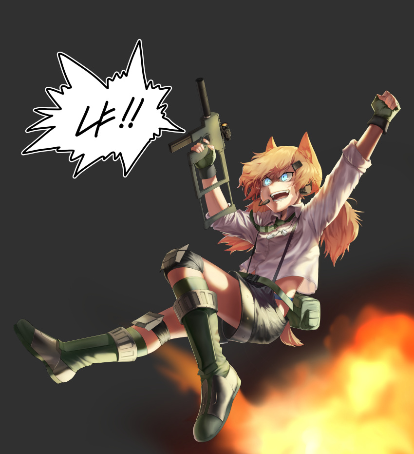 1girl absurdres animal_ears arms_up black_shorts blonde_hair blue_eyes blue_panties boots cat_ears cat_tail clenched_hand commentary diagonal-striped_necktie dog_tags explosion finger_on_trigger fingerless_gloves full_body girls'_frontline gloves green_footwear green_gloves green_necktie grey_background gun hair_ornament headset highres holding holding_gun holding_weapon idw_(girls'_frontline) jdw knee_pads korean_text long_hair necktie open_mouth panties parker-hale_idw shirt shorts simple_background sleeves_rolled_up smile solo suspender_shorts suspenders tail teeth translation_request twintails underwear v-shaped_eyebrows weapon white_shirt