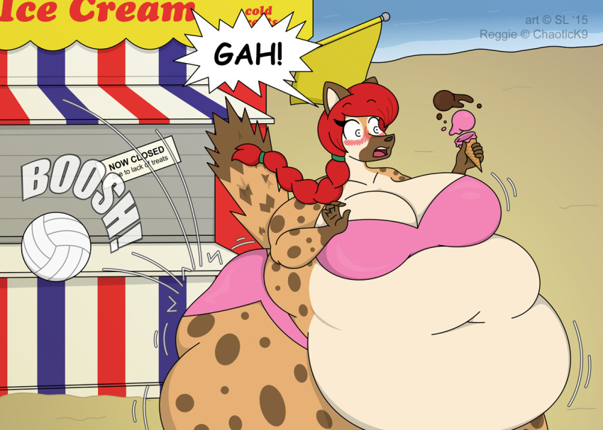 2015 anthro ball beach belly big_belly big_breasts big_butt breasts butt clothing copyright_symbol deep_navel dessert digital_media_(artwork) english_text female food fur hair hyena ice_cream ice_cream_cone mammal navel obese obese_anthro obese_female open_mouth overweight overweight_anthro overweight_female ponytail red_hair reggie_(chaotick9) sand satsumalord seaside solo speech_bubble spots spotted_body spotted_fur spotted_hyena swimwear symbol text thick_thighs volleyball_(ball) water