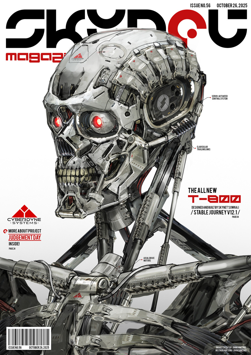 absurdres artist_name barcode commentary cover english_commentary english_text fake_magazine_cover glowing glowing_eyes highres humanoid_robot johnson_ting machinery magazine_cover no_humans photoshop_(medium) red_eyes robot science_fiction t-800 terminator_(series) the_terminator