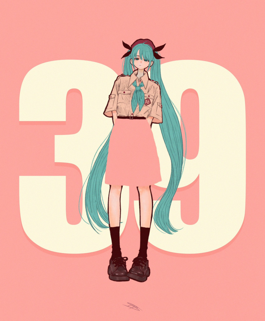 1girl 39 alternate_costume aqua_eyes aqua_hair aqua_neckerchief arms_behind_back belt black_belt black_footwear black_socks blending breast_pocket hatsune_miku highres long_hair looking_at_viewer neckerchief pink_skirt pocket shirt_tucked_in shoes short_sleeves signature skirt socks solo standing syooooyoooo tan_shirt very_long_hair vocaloid wide_shot