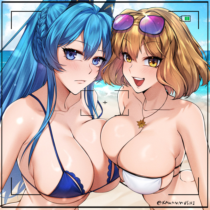 2girls :d absurdres anis_(nikke) anis_(sparkling_summer)_(nikke) asymmetrical_docking bare_shoulders battery_indicator beach bikini blue_bikini blue_eyes blue_hair blue_sky breast_press breasts brown_eyes brown_hair cleavage closed_mouth cloud collarbone day eyepatch_bikini eyewear_on_head goddess_of_victory:_nikke helm_(aqua_marine)_(nikke) helm_(nikke) high_ponytail highres jewelry kawanmushi large_breasts looking_at_viewer multiple_girls ocean open_mouth outdoors pendant short_hair sky smile sunglasses swimsuit taking_picture upper_body viewfinder white_bikini