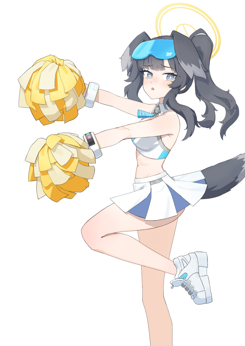 1girl absurdres animal_ears armpits ass bangs black_hair blue_archive bracelet character_name cheerleader commentary detached_collar dog_ears dog_girl dog_tail eyewear_on_head grey_eyes hair_between_eyes halo hibiki_(blue_archive) hibiki_(cheerleader)_(blue_archive) highres holding holding_pom_poms jewelry kkami15 long_hair looking_at_viewer midriff official_alternate_costume parted_lips pleated_skirt pom_pom_(cheerleading) ponytail shirt shoes sidelocks simple_background skirt sleeveless sneakers solo standing standing_on_one_leg sunglasses tail thighs triangle_mouth white_background white_shirt