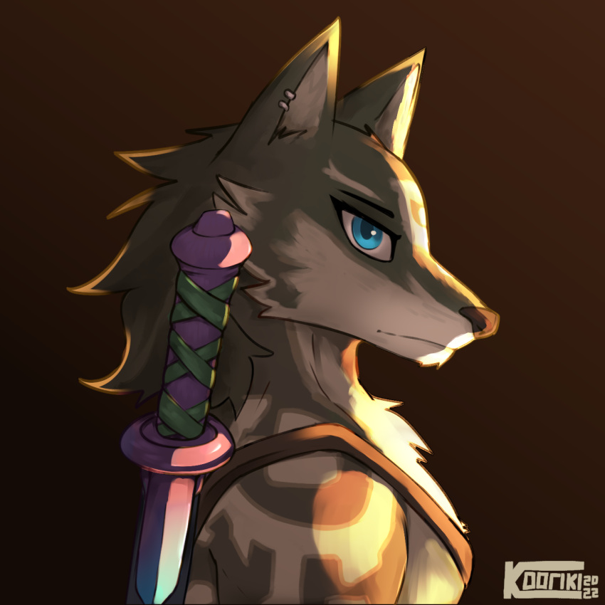 1:1 2022 anthro artist_name blue_eyes canid canine canis cheek_tuft dated ear_piercing eyebrows facial_tuft fur gradient_background grey_body grey_fur hi_res kooriki link_(wolf_form) male mammal melee_weapon nintendo piercing simple_background solo sword the_legend_of_zelda tuft weapon wolf