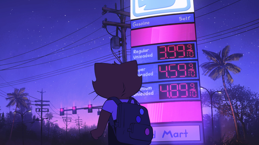 ambiguous_gender anthro backpack detailed_background domestic_cat english_text felid feline felis gas_station hi_res itsdanfango mammal night palms prices solo star street_lamp text