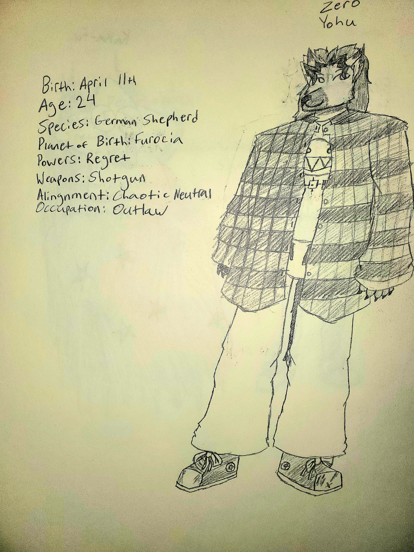 absurd_res anthro bearguy canid canine canis clothing converse_shoes domestic_dog flannel german_shepherd hair herding_dog hi_res long_hair male male/male mammal model_sheet pajamas pastoral_dog smile solo solo_focus topwear zero_yohu