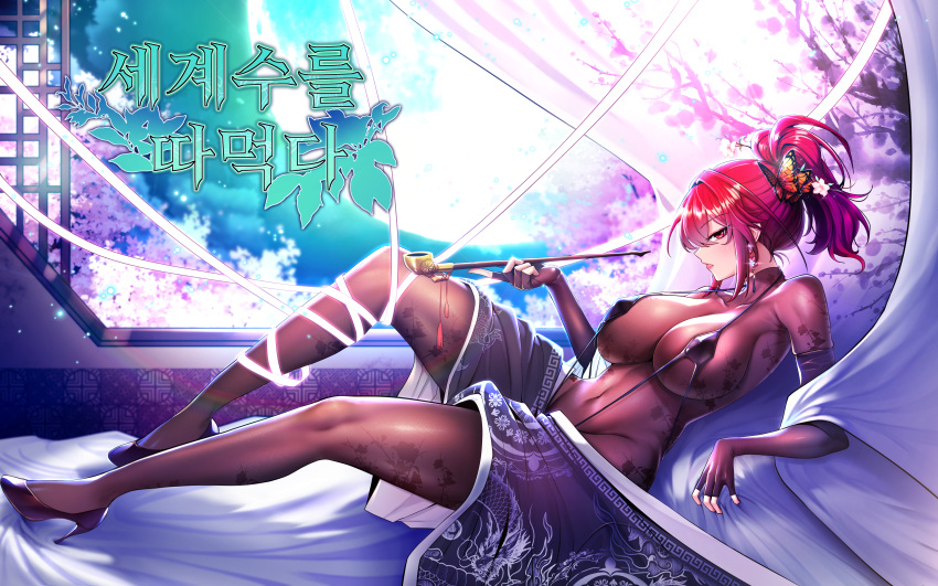1girl absurdres bodystocking breasts earrings floral_print hair_ornament highres holding holding_smoking_pipe japanese_clothes jewelry kimono large_breasts lying mopqrkdnl1 nectarine_(mopqrkdnl1) on_bed open_clothes open_kimono original slingshot_swimsuit smoking_pipe solo swimsuit window