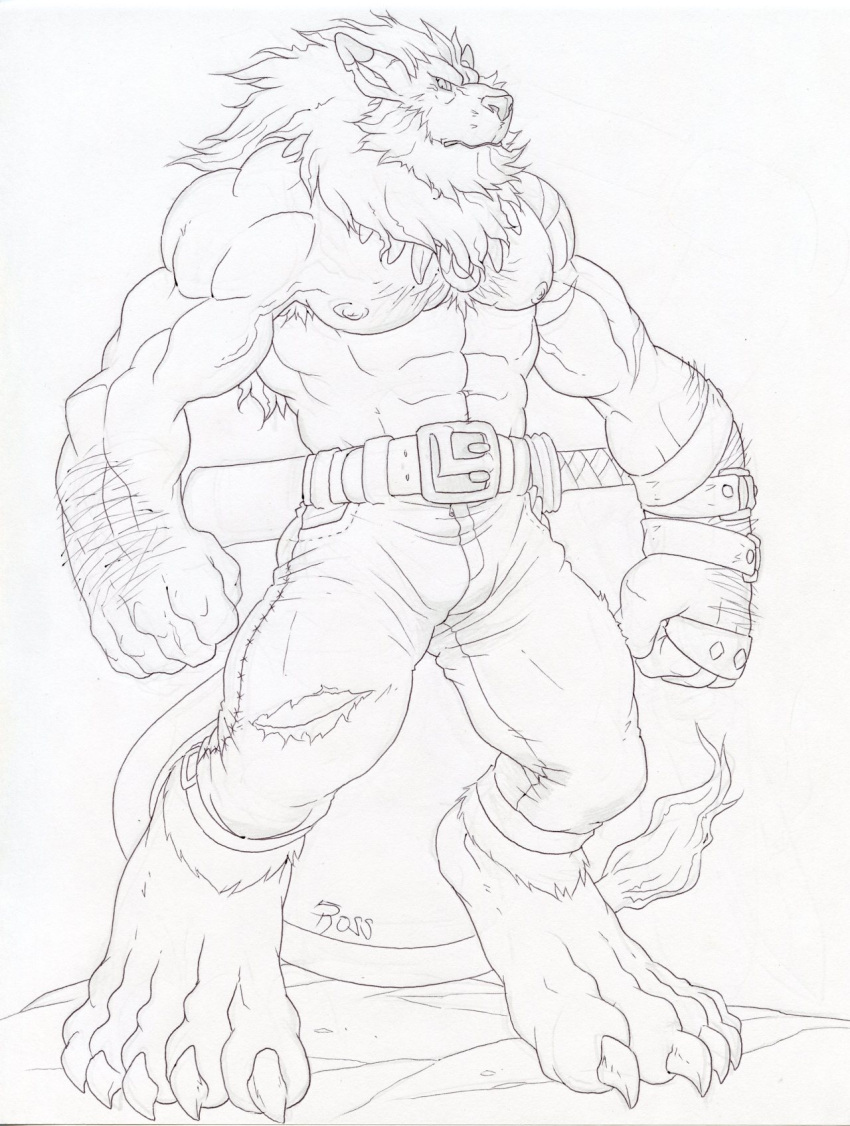 2016 bandai_namco beard belt bottomwear claws clothed clothing digimon digimon_(species) dudebulge facial_hair hi_res leomon male mane monochrome muscular nipples pants scar solo topless torn_clothing vein veiny_muscles