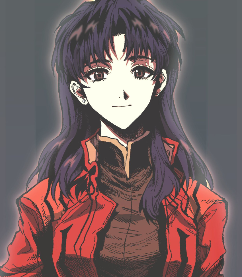 1girl breasts brown_eyes brown_shirt closed_mouth earrings grey_background hair_over_shoulder highres jacket jewelry katsuragi_misato long_hair long_sleeves looking_at_viewer medium_breasts my_nameisyoon neon_genesis_evangelion parted_bangs purple_hair red_jacket shirt smile solo upper_body