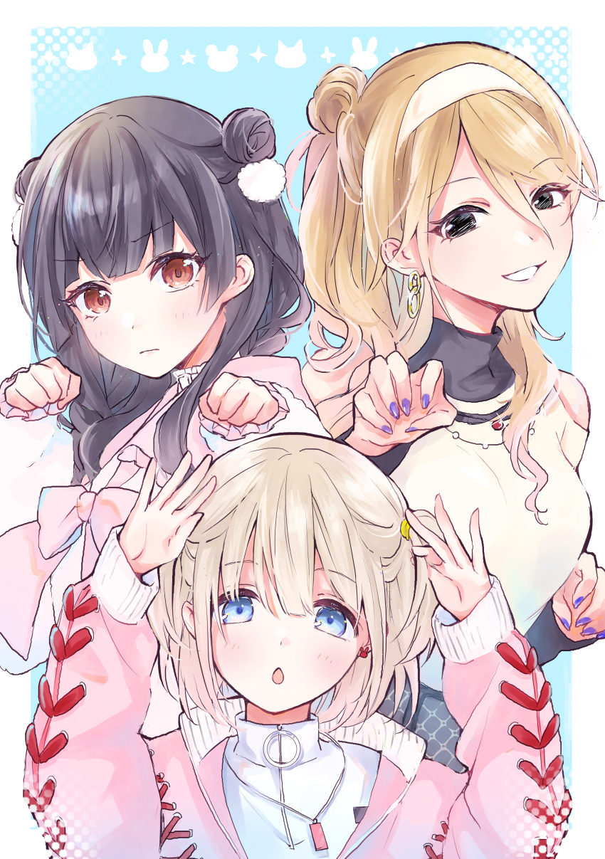 3girls absurdres black_hair blush brown_hair clenched_hands clothing_cutout double_bun fingernails grey_hair hair_bun highres idolmaster idolmaster_shiny_colors izumi_mei kuru_(krkr8686) looking_at_viewer mayuzumi_fuyuko multiple_girls nail_polish paw_pose pom_pom_(clothes) rabbit_pose serizawa_asahi shoulder_cutout single_side_bun straylight_(idolmaster) two_side_up