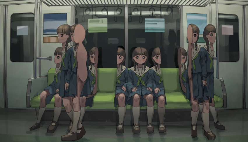 6+girls blue_skirt blush_stickers body_horror braid bright_pupils brown_footwear brown_hair dai3syougen green_neckerchief highres kneehighs looking_at_viewer low_twin_braids medium_hair multiple_girls neckerchief original reflection shoes sitting skirt sliced socks surreal train_interior twin_braids uwabaki walking white_pupils white_socks