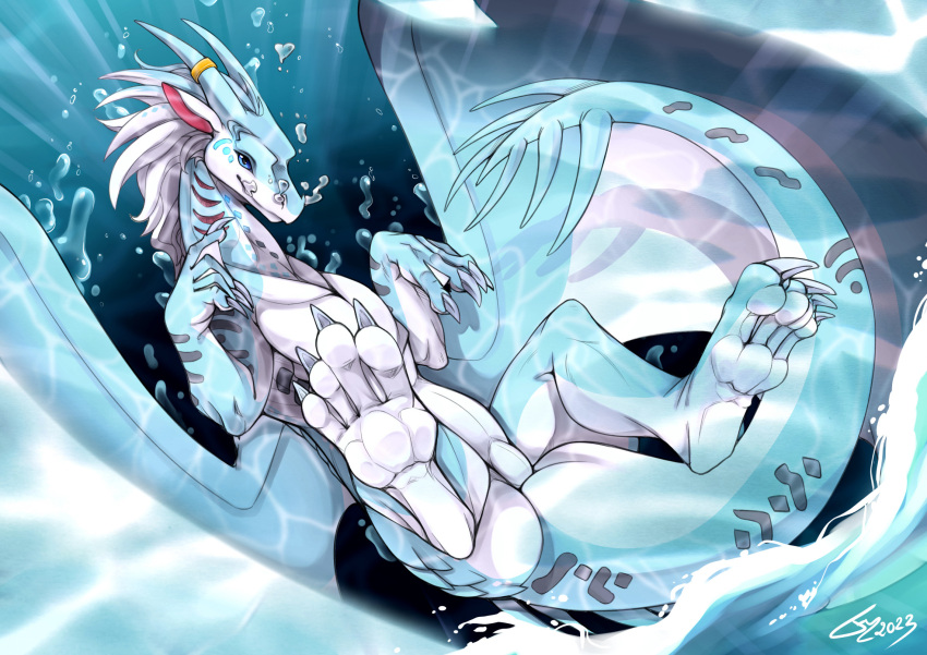 ambiguous_gender bioluminescence dragon feral freewolf_(artist) gills glowing heart_bubble hi_res horn horn_jewelry horn_ring hybrid icewing_(wof) membrane_(anatomy) ring_(jewelry) seawing_(wof) seductive snowflake_(enilae) solo underwater water webbed_feet webbed_hands wings_of_fire