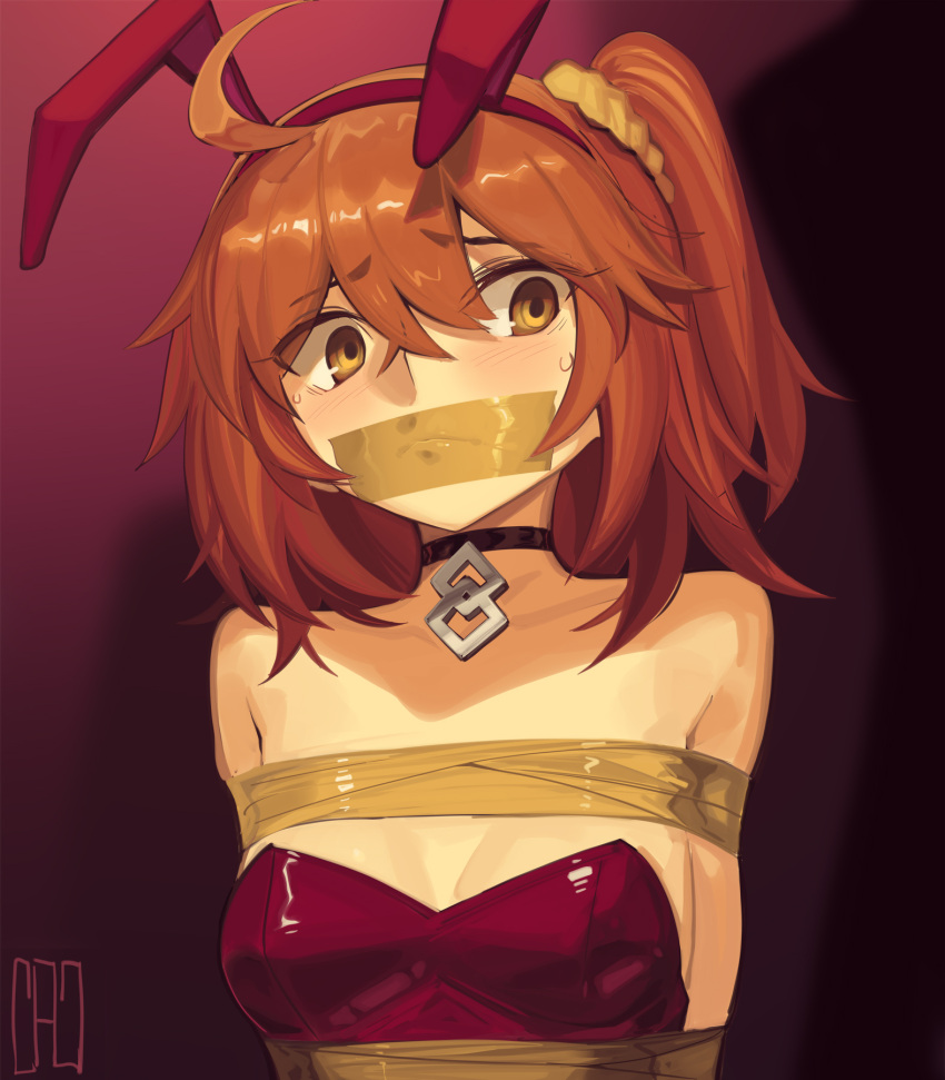 1girl ahoge animal_ears bare_shoulders bdsm black_choker bondage bound cad_(caddo) choker commentary_request fake_animal_ears fate/grand_order fate_(series) fujimaru_ritsuka_(female) gag gagged highres improvised_gag leotard looking_at_viewer medium_hair one_side_up orange_hair playboy_bunny rabbit_ears red_leotard solo strapless strapless_leotard tape tape_gag upper_body yellow_eyes