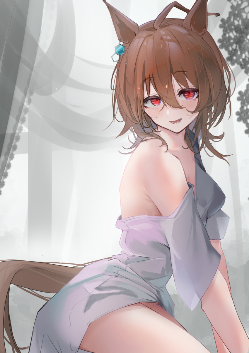 1girl absurdres agnes_tachyon_(umamusume) ahoge animal_ears bottomless breasts brown_hair earrings hair_between_eyes highres horse_ears horse_girl horse_tail jewelry medium_hair off_shoulder open_mouth red_eyes sei_(bigaa) shirt short_sleeves single_bare_shoulder single_earring sitting small_breasts smile solo tail umamusume white_shirt