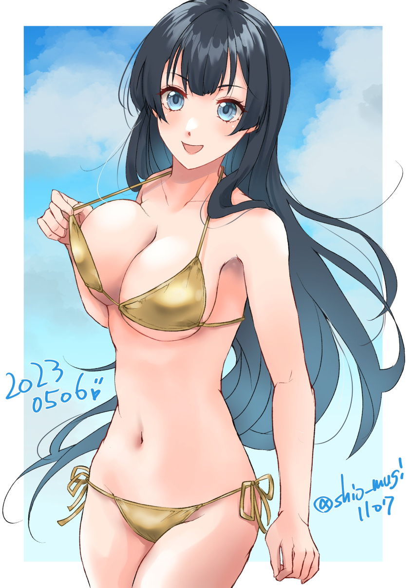 1girl absurdres agano_(kancolle) bikini black_hair blue_eyes blue_sky breasts cleavage cloud dated gold_bikini highres kantai_collection large_breasts long_hair looking_at_viewer one-hour_drawing_challenge shio_mugi1107 sky solo swimsuit twitter_username