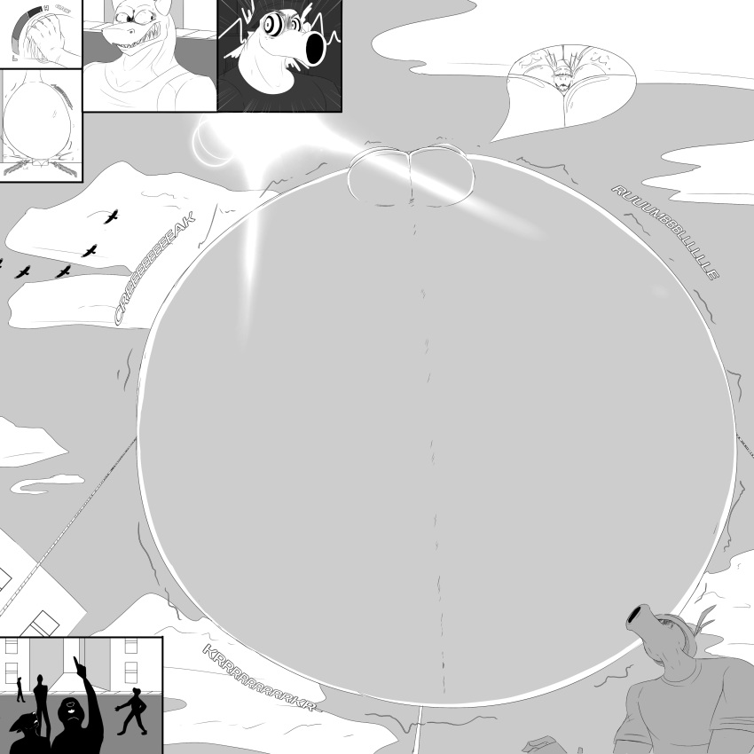 1:1 2019 absurd_res avian belly belly_inflation big_belly bird black_and_white body_inflation building close-up clothing fez fez_(fancyfez) flock_of_birds gesture glass hat headgear headwear hi_res hose_in_butt huge_belly hyper_inflation immobile inflation lizard looking_pleasured monochrome motion_lines onomatopoeia parade_balloon peashooter_(artist) pointing pointing_up reptile scalie sound_effects text