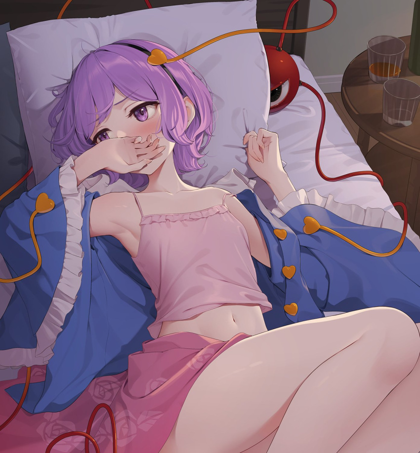 1girl alcohol armpits blue_jacket blush cup drinking_glass embarrassed floral_print highres jacket kanpa_(campagne_9) komeiji_koishi on_bed pillow pink_skirt pink_tank_top purple_eyes purple_hair shot_glass skirt solo stomach tank_top thighs touhou