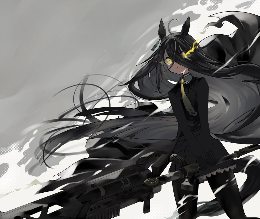 1girl absurdly_long_hair absurdres ahoge animal_ears black_choker black_coat black_gloves black_hair black_pantyhose black_skirt black_vest choker coat collared_shirt commentary_request commission earrings expressionless feet_out_of_frame flaming_eye floating_hair fujiyama_ichiha gloves grey_background gun hair_between_eyes hair_over_one_eye halftone highres holding holding_gun holding_weapon horse_ears horse_girl horse_tail jewelry long_bangs long_hair long_sleeves looking_at_viewer machine_gun manhattan_cafe_(umamusume) necktie open_clothes open_coat pantyhose parted_lips pleated_skirt shirt single_earring skeb_commission skirt smoke solo standing tail two-handed umamusume v_arms very_long_hair vest weapon white_shirt yellow_eyes yellow_necktie