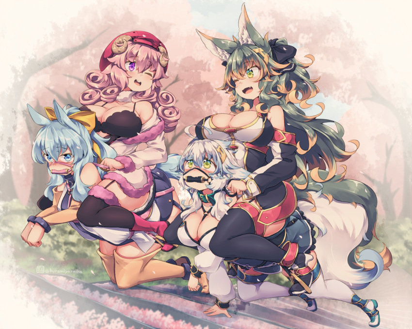 4girls ;d animal_ear_fluff animal_ears beret bit_gag black_thighhighs blue_eyes blue_hair breasts cleavage gag green_eyes green_hair hat horns kuromiya kuromiya_raika kuzakura_mika large_breasts long_hair multicolored_hair multiple_girls one_eye_closed orange_hair original pink_eyes pink_hair red_headwear riding sheep_horns shiromiya_asuka sitting sitting_on_person smile souma_ren tail thighhighs two-tone_hair white_hair white_thighhighs yellow_thighhighs