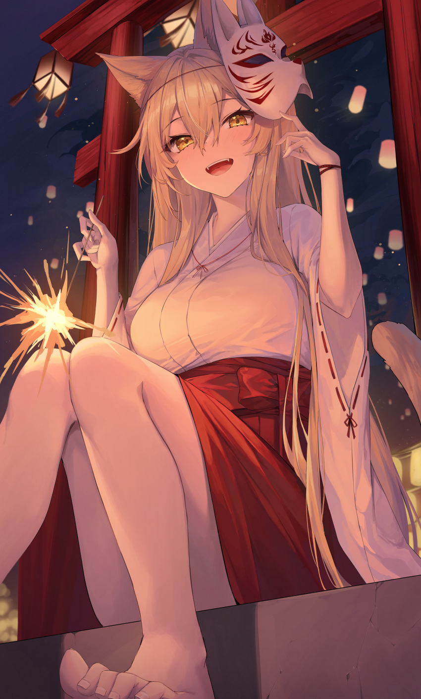 1girl absurdres animal_ears barefoot blush festival fireworks fox_ears fox_girl fox_mask highres holding_fireworks japanese_clothes kuro_(rudyan0128) long_sleeves looking_at_viewer mask miko open_mouth original red_skirt sitting skirt solo